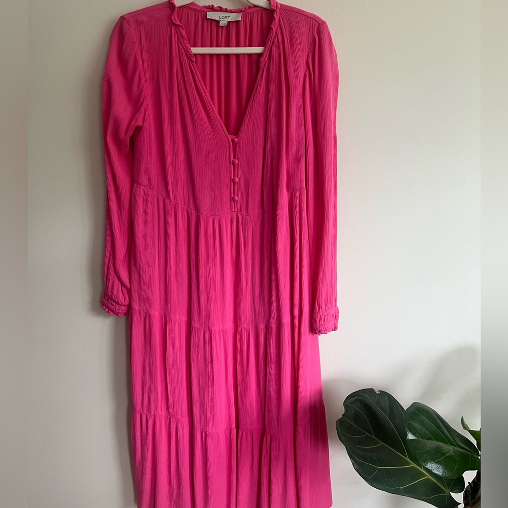 LOFT Hot Pink Tiered Ruffled Midi Dress